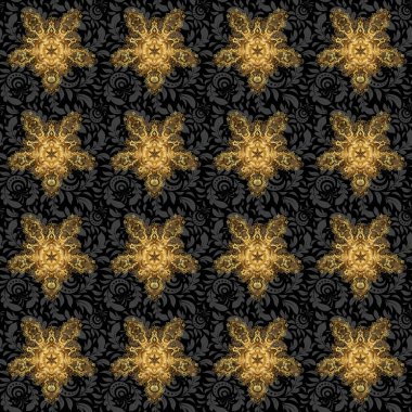 Süslü, doğu mandala altın şeritli. Sanat, yuvarlak, rengarenk süsler ve siyah bir arkaplanda izole edilmiş altın gradyanı..