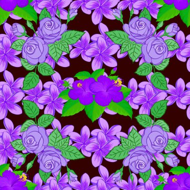 Kesişen kıvrımlı zarif gül çiçekleri, yeşil yapraklar ve parşömenler Arap tarzında soyut çiçek süsü oluşturuyorlar. Kahverengi bir arka planda klasik soyut vektör çiçeksiz desen.