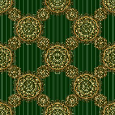 Altın elementlerle kusursuz bir desen. Yeşil arkaplanda altın ızgara.