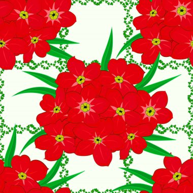 Bej arka planda çiçek motifleri olan soyut zerafet deseni. Dekoratif primula çiçekleri tekrar eden desenler. Vektör illüstrasyonu.