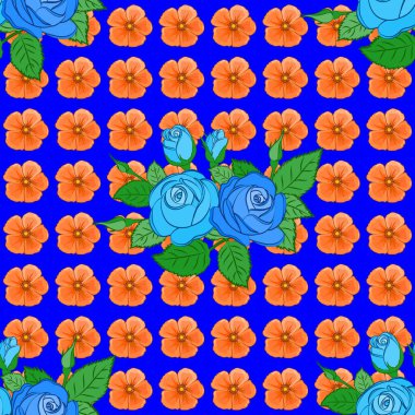 Gül çiçekleri ve yeşil yapraklı vektörsüz çiçek deseni, dekoratif elementler, sıçrama, lekeler ve mavi arka planda damla. Karalama çizim biçimi, el çizimi illüstrasyon.