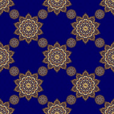 Raster, mavi arka planda altın desenli, dikişsiz vintage desen. Kumaş baskısı, hatıra defteri, hediye paketi için..