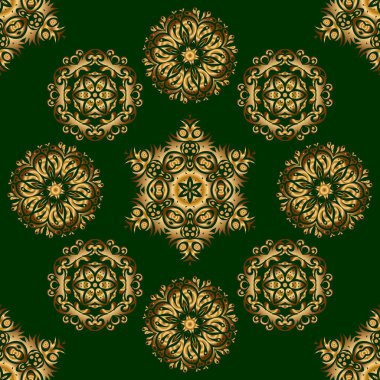 Düğün davetiyeleri, kartvizit, sertifika, logo şablonu için süs çiçekleri. Vektör dairesi altın ızgara ve yeşil arka plandaki elementler. Süs tasarım şablonu.