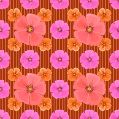 Kozmos çiçekleri ve yaprakları pembe, bej ve turuncu renklerde olan kusursuz çiçek deseni..