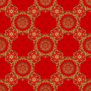 Kusursuz geometrik desen. Soyut geometrik çizim. Altın doku. Kırmızı arka planda altın gradyanı olan kusursuz bir vektör deseni. Altın elementlerle Geometrik süs.