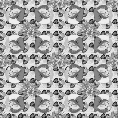 Çizgili arka planda dikişsiz suluboya desen. Siyah ve gri renkli vektör çiçek desenleri. Şirin gelincik çiçek deseni,