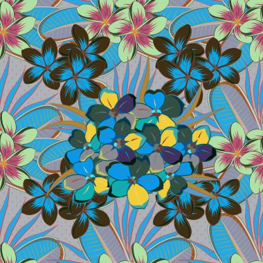 Eski tarz. Stock vektör illüstrasyonu. Gri, yeşil ve mavi renklerde, kusursuz soyut unutma beni çiçeği deseni.