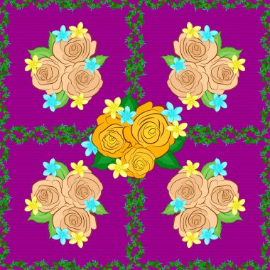 Soyut zarafet vektörü pürüzsüz desen gül çiçekleri ve mor arkaplanda yeşil yapraklar.