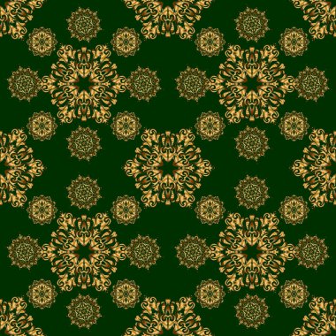 Altın süslemeli vektör desenli. Yeşil arkaplandaki altın doku.