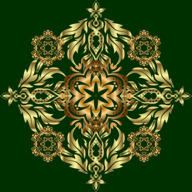 Altın elementlerle kusursuz bir desen. Yeşil arkaplanda altın ızgara.