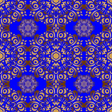 Geometrik tekrarlayan vektör süslemesi ile altın elementler. Mavi bir arka planda kusursuz, soyut modern desen. Mavi ve altın desenli.