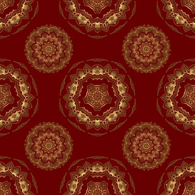 Geleneksel Hint tarzı, kına dövmesi, baskı, altın çıkartmalar, mehndi, yoga tasarımı için süslü çiçek unsurları. Altın mehndi 'nin vektör sanatı. Kırmızı arkaplanda pürüzsüz desen.