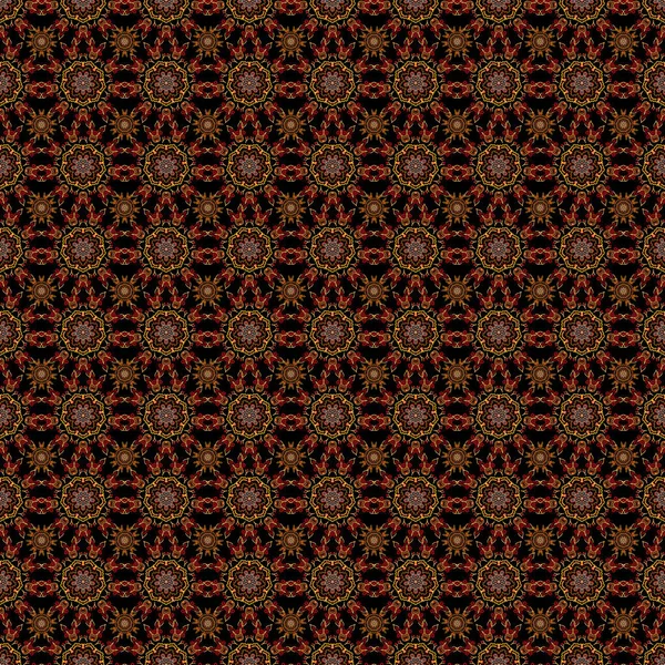 東洋の花飾り 黒の背景に赤と茶色の装飾のベクトルシームレスなパターン カーペット 壁紙や任意の表面のためのテンプレート — ストックベクタ