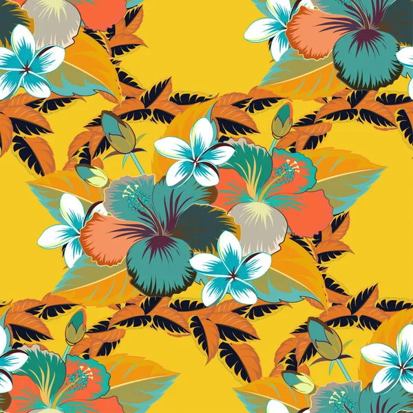 Akvarell Målning Effekt Grå Gul Och Orange Hibiskus Blommor Sömlös — Stock vektor