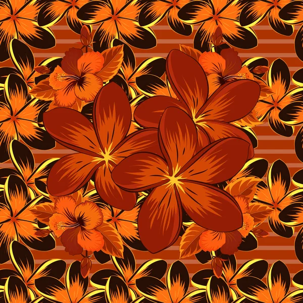 Wektor Bezszwowy Wzór Tła Stylizowanymi Kwiatami Plumerii Liśćmi Pomarańczowych Czerwonych — Wektor stockowy