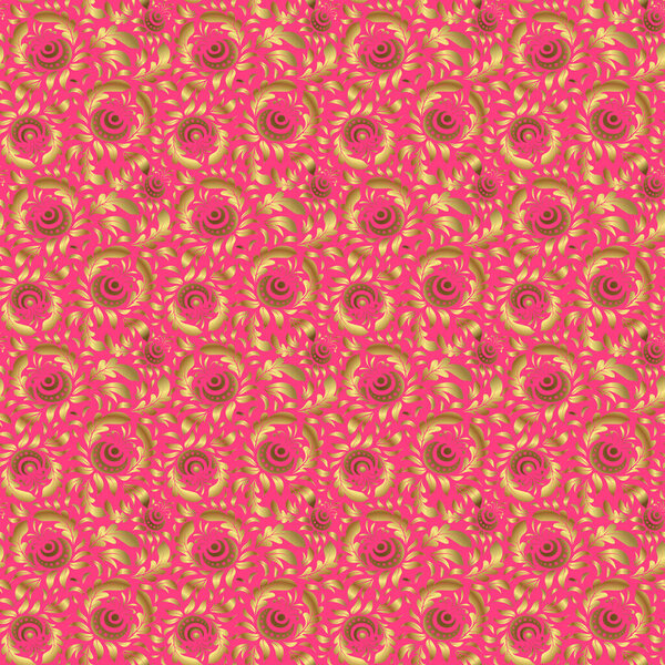 Universal vector pattern for wallpapers, textile, fabric, wrapping paper, packaging box etc. Vintage pattern on pink background. Seamless pattern with golden elements for design in retro style.