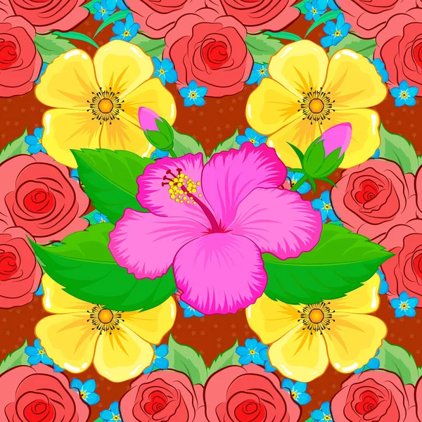 ピンク 緑の抽象的なかわいいハイビスカスの花と春の紙 花のシームレスなパターン ベクターイラスト — ストックベクタ