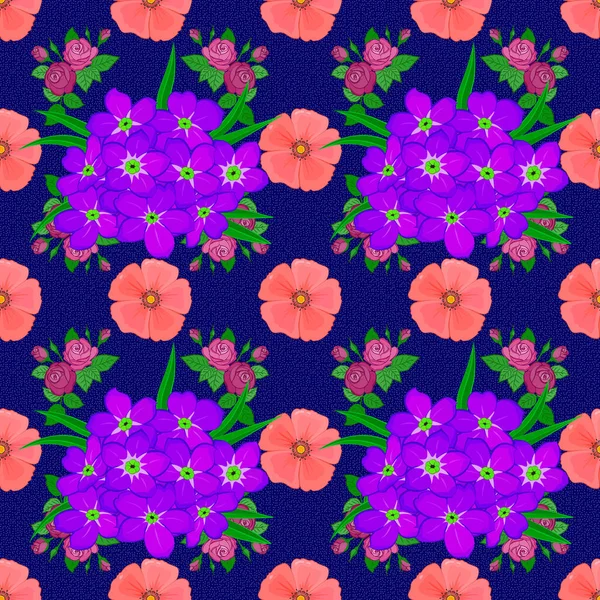 Raster Illustration Seamless Pattern Cute Primula Flowers Blue Background — Stock Vector