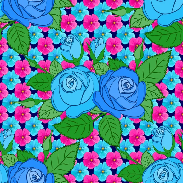 落書きスケッチスタイル 手描きのイラスト バラの花や緑の葉 装飾的な要素 スプラッシュ ブロックや青の背景にドロップとベクトルシームレスな花パターン — ストックベクタ