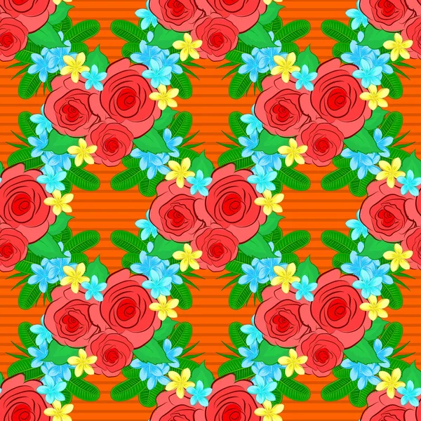 花の背景 かわいいバラの花や緑の葉を持つオレンジの背景にシームレスなラスターパターン — ストックベクタ