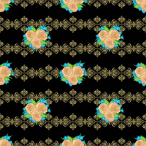 Seamless Pattern Cute Rose Flowers Green Leaves Black Background Spring — Stock Vector