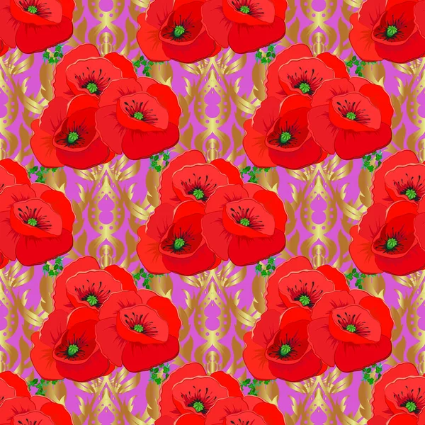 Seamless Floral Pattern Brown Red Violet Colors Motley Poppy Flowers — Stock Vector