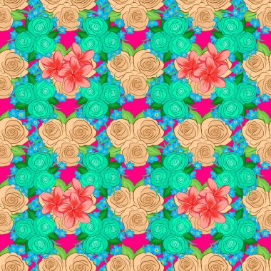 Güzel suluboya gül çiçekleri ve morumsu arka planda yeşil yapraklar. Parlak resim gül çiçeğinden esinlenmiştir. Vektörsüz arkaplan.