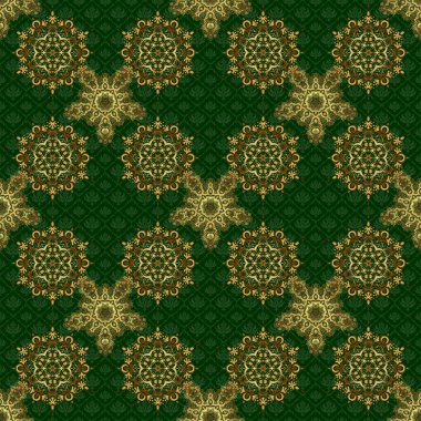 Yeşil bir arka planda, altın rengi, dikişsiz desen. Soyut vektör altın dokusu. Düşük polimer altın desenli illüstrasyon.