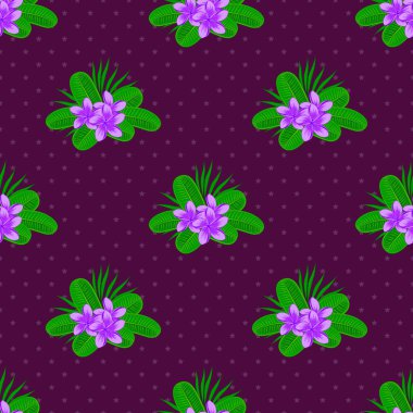 Vektör çizimi. Yeşil, mor ve mor renklerde desensiz çiçek deseni ve karışık tesisat çiçekleri..