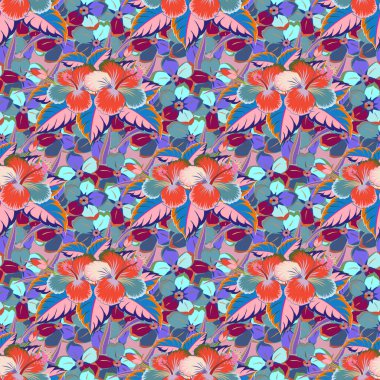 Yumuşak suluboya çiçek deseni. Mavi ve yeşil renklerde kusursuz desen. Vektör illüstrasyonu.