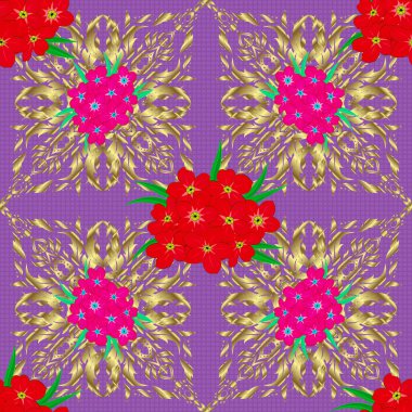 Dekoratif çuha çiçekleri ve menekşe arkaplanda yapraklarla kusursuz bir arkaplan deseni. Vektör illüstrasyonu.