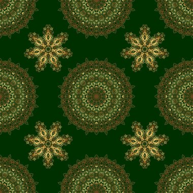 Süslü, canlı duvar kâğıdı. Yılbaşı geleneksel renklerinde vektör geometrik süsü olan parlak, pürüzsüz desen (yeşilde altın). Etnik ve kabile motifleri. Renkli soyut arkaplan.