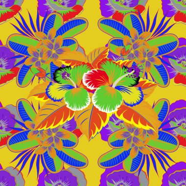Yeşil, sarı ve menekşe çiçekli kusursuz çiçek deseni, suluboya. Çiçek motifli kusursuz desen. Vektör çizimi. Vektör çiçek illüstrasyonu.
