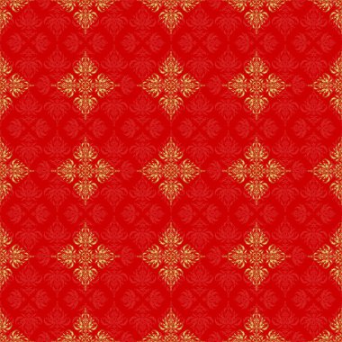 Kırmızı arkaplanda tasarım şablonu için klasik dikişsiz sınır ve ızgara. Çiçekli altın elementlerle doğu tarzında kusursuz bir desen. Kartlar için vektör çizimi, teşekkür mesajı, yazdırma.