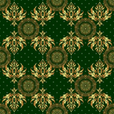 Vektör çizimi. Basit, pürüzsüz bir desen. Yeşil arka planda altın yıldızlar. Klasik süs.