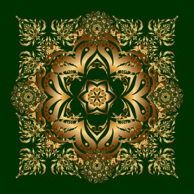 Yeşil arka planda barok tarzında, doğulu süslemeler. Raster illüstrasyonu. Geleneksel klasik altın ve yeşil desen.