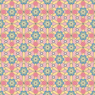 Küçük çiçeklerin açtığı, kusursuz bir desen. El çizimi vektör çizimi. Pembe, mavi ve bej renklerde pürüzsüz bir arkaplan.