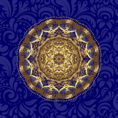 El boyası vektör mandala, mavi arka planda altın, Hint tavus kuşu, Hint deseni, altın mandala, mandala tavus kuşu.