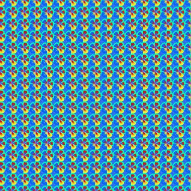 Eğri kıvrımlı zarif kozmos çiçekleri, yapraklar ve parşömenler soyut çiçek süsü oluşturuyorlar. Mor, mavi ve sarı renklerde klasik soyut vektör çiçeksiz desen.