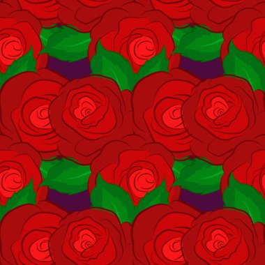 Dekoratif gül çiçekleri ve tekrar eden yeşil yapraklar. Vektör çizimi. Mor bir arka planda çiçek motifleri ile soyut zarafet kusursuz desen.