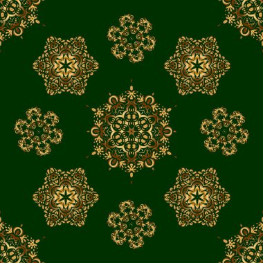 Yeşil arkaplandaki altın elementlerin dokusu. Vektör altın pürüzsüz desen.