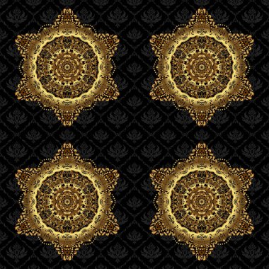 Sarmaş dolaş dalları ve bukleleri olan yuvarlak bir süs. Arabesk. Dairesel soyut mandalas deseni. Altın Mandala Siyah bir baqckground 'da.