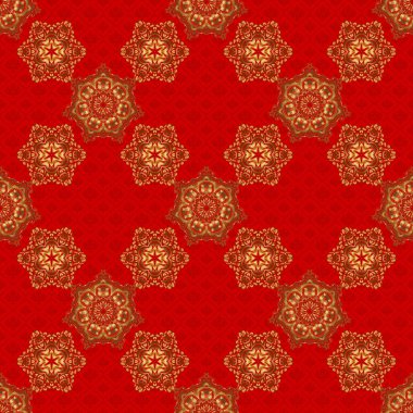 Altın süslemeli klasik tasarım. Kırmızı arkaplanda altın süslemeleri olan soyut vektörsüz desen.