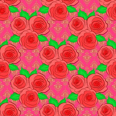 Raster illüstrasyonu. Pembe, kırmızı ve turuncu renklerde yeşil yaprakları olan kusursuz desenler..