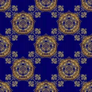 Duvar kağıtları, tekstil, kumaş, ambalaj kağıdı, ambalaj kutusu vs. için evrensel desen. Mavi arka planda eski model. Geçmişe dönük tasarım için altın elementlerle kusursuz desen.