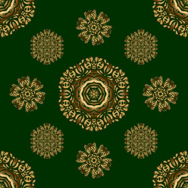 Yeşil arkaplandaki altın elementlerin dokusu. Vektör altın pürüzsüz desen.