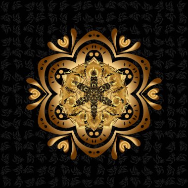 Siyah arka planda altın rengi yuvarlak mandala. Tekstil, davetiyeler, afişler ve diğerleri için. Vektör illüstrasyonu.