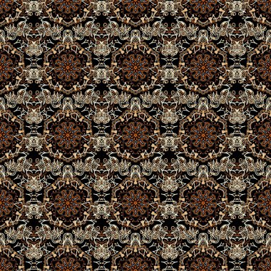 Ortaçağ çiçek desenli. Dekoratif simetri arabesk. Siyah arka planda bej rengi, pürüzsüz bir desen. Doğum günü kartı, davetiye ya da afiş için iyidir. Vektör illüstrasyonu.