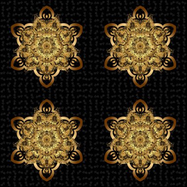Tekstil, davetiyeler, afişler ve diğerleri için. Vektör çizimi. Siyah arkaplanda altın rengi yuvarlak mandala.