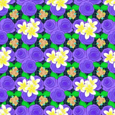 Tatlı gül çiçekleriyle kusursuz çiçek deseni ve mavi arka planda yeşil yapraklar..